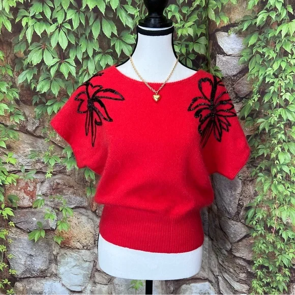 VINTAGE CHRISTIAN DIOR SEPARATES Beaded Red Lambswool Angora Sweater Blend, M - Picture 2 of 10